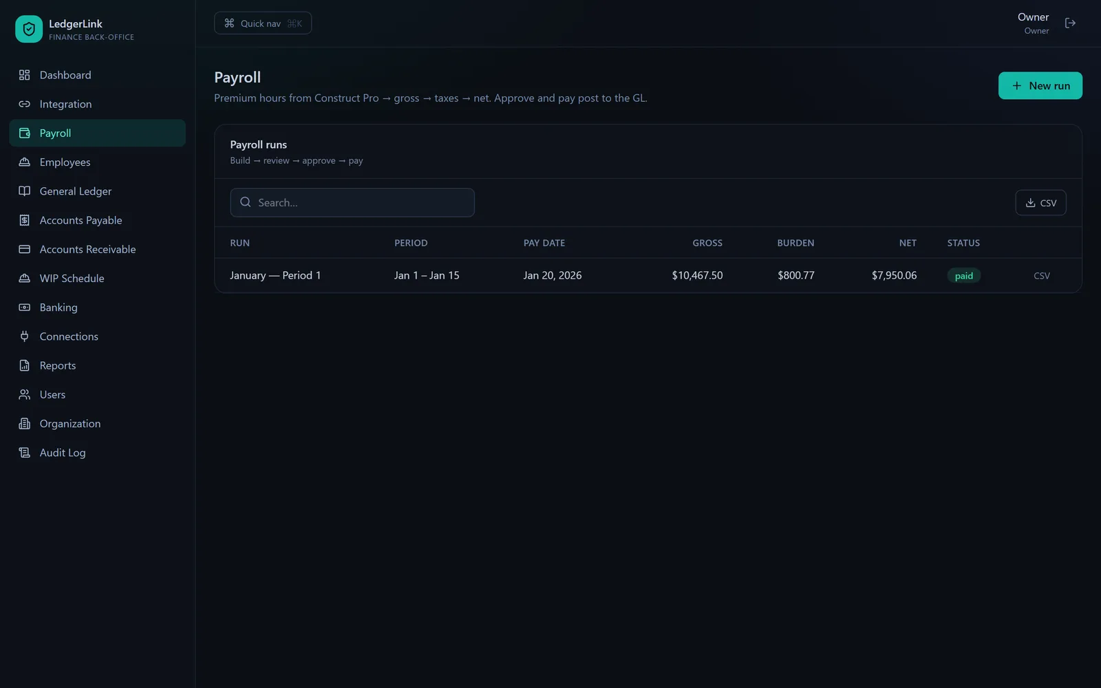 LedgerLink payroll run